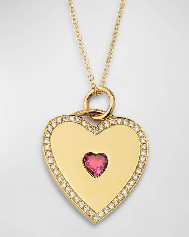 18K Yellow Gold Heart Pendant Necklace with Pink Tourmaline Center and Diamonds